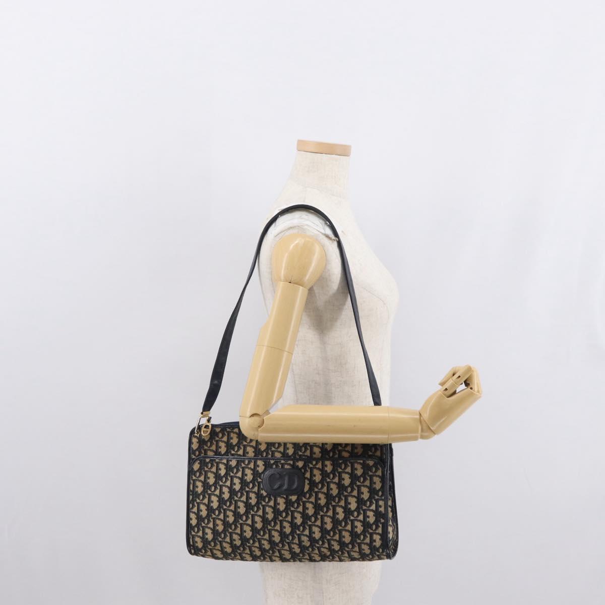 Christian Dior Trotter Canvas Shoulder Bag Navy Gold Auth 168354