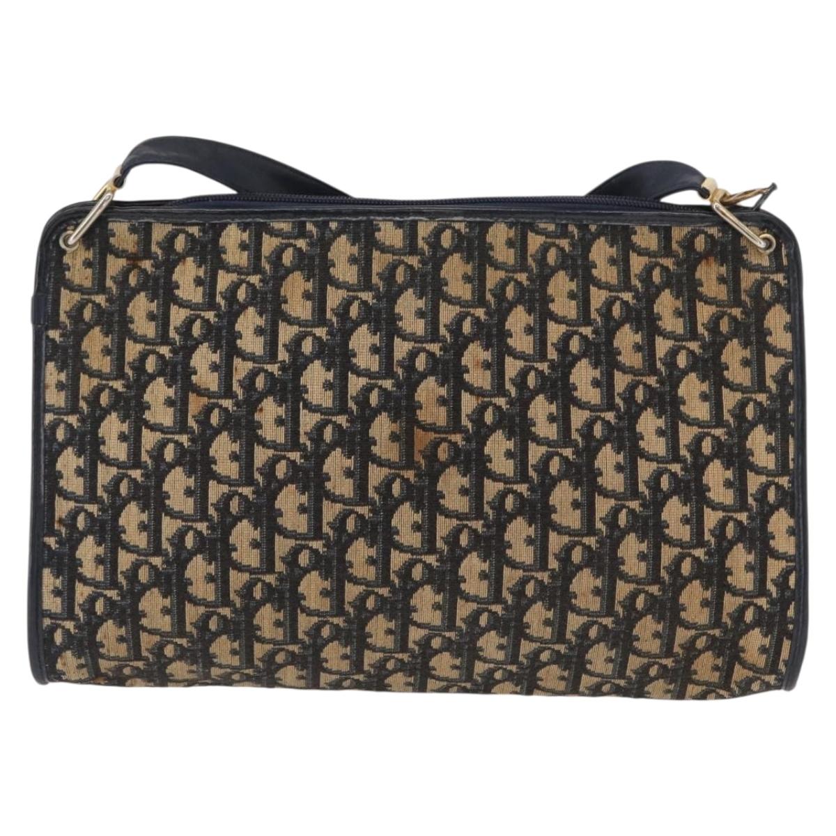Christian Dior Trotter Canvas Shoulder Bag Navy Gold Auth 168354