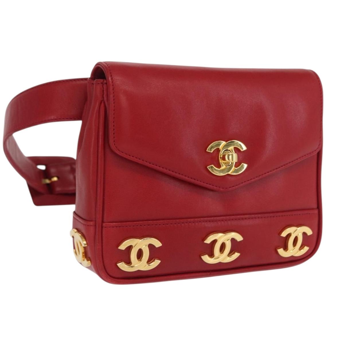 CHANEL Triple Coco Waist bag Lamb Skin Red Gold CC Auth 168355SAV