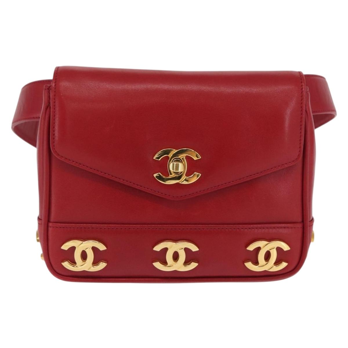 CHANEL Triple Coco Waist bag Lamb Skin Red Gold CC Auth 168355SAV