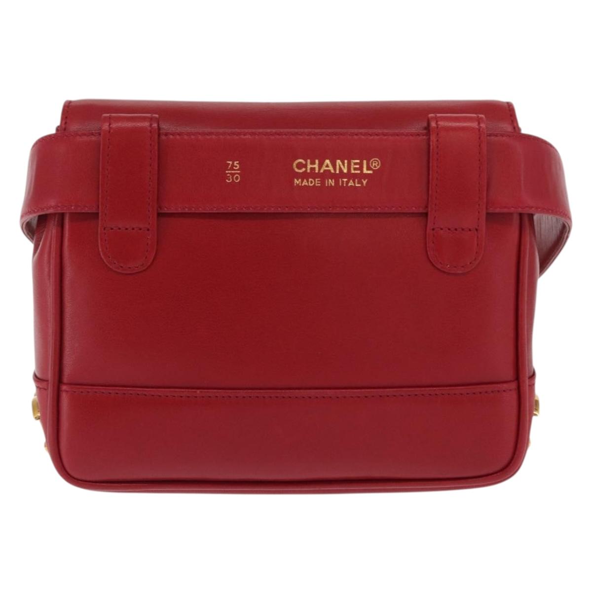 CHANEL Triple Coco Waist bag Lamb Skin Red Gold CC Auth 168355SAV