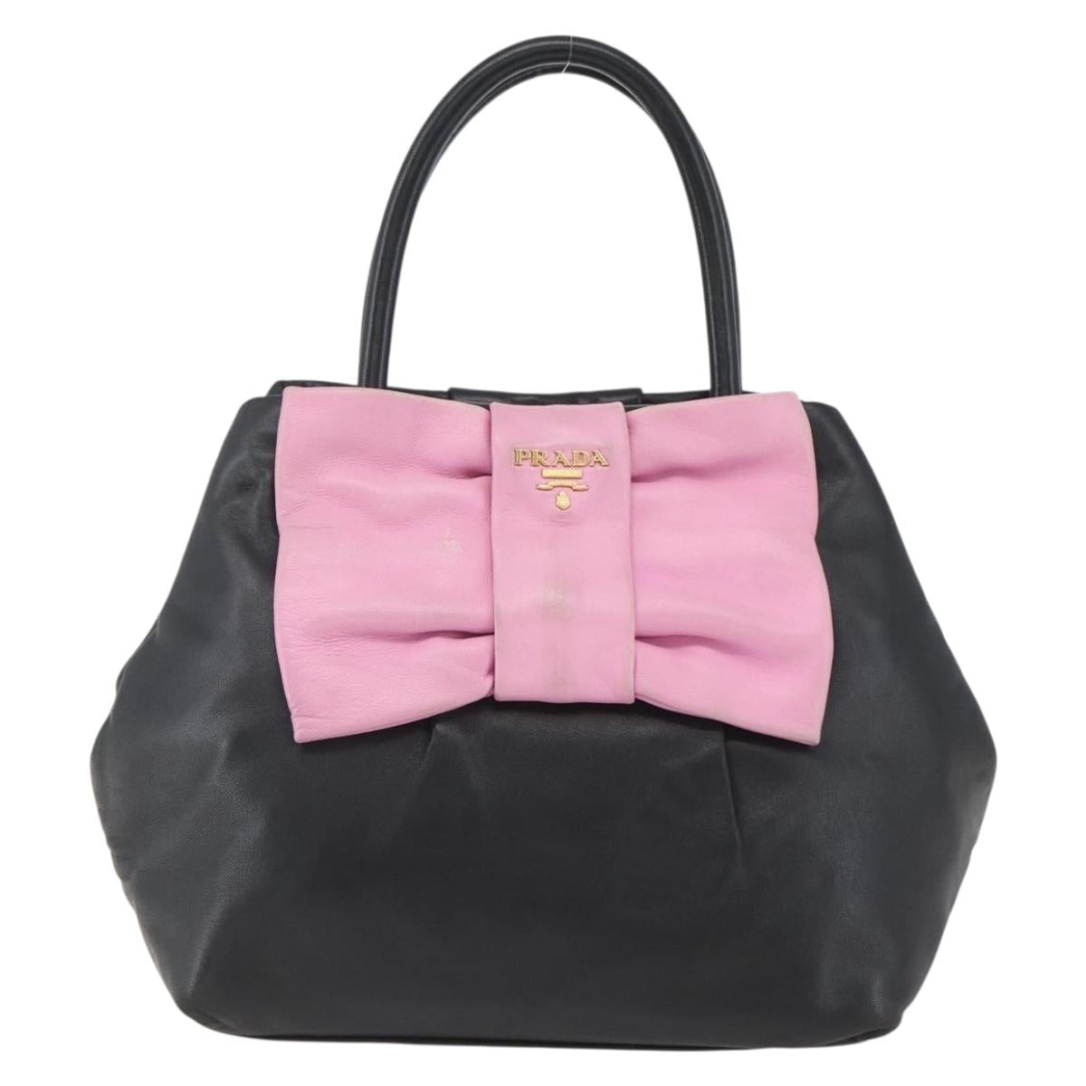 PRADA Hand Bag Leather Black Gold Auth 168382