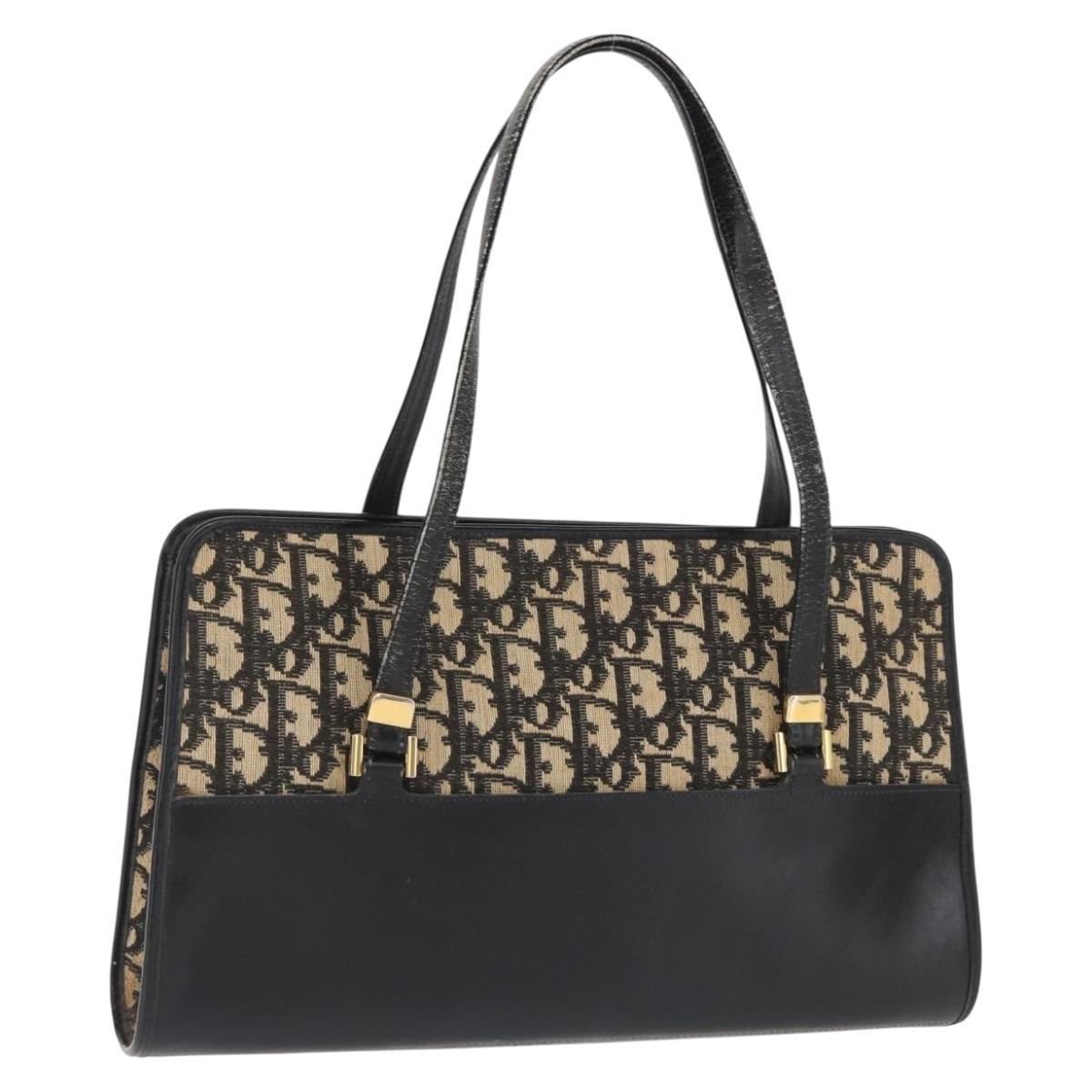 Christian Dior Trotter Canvas Hand Bag Navy Gold Auth 168395