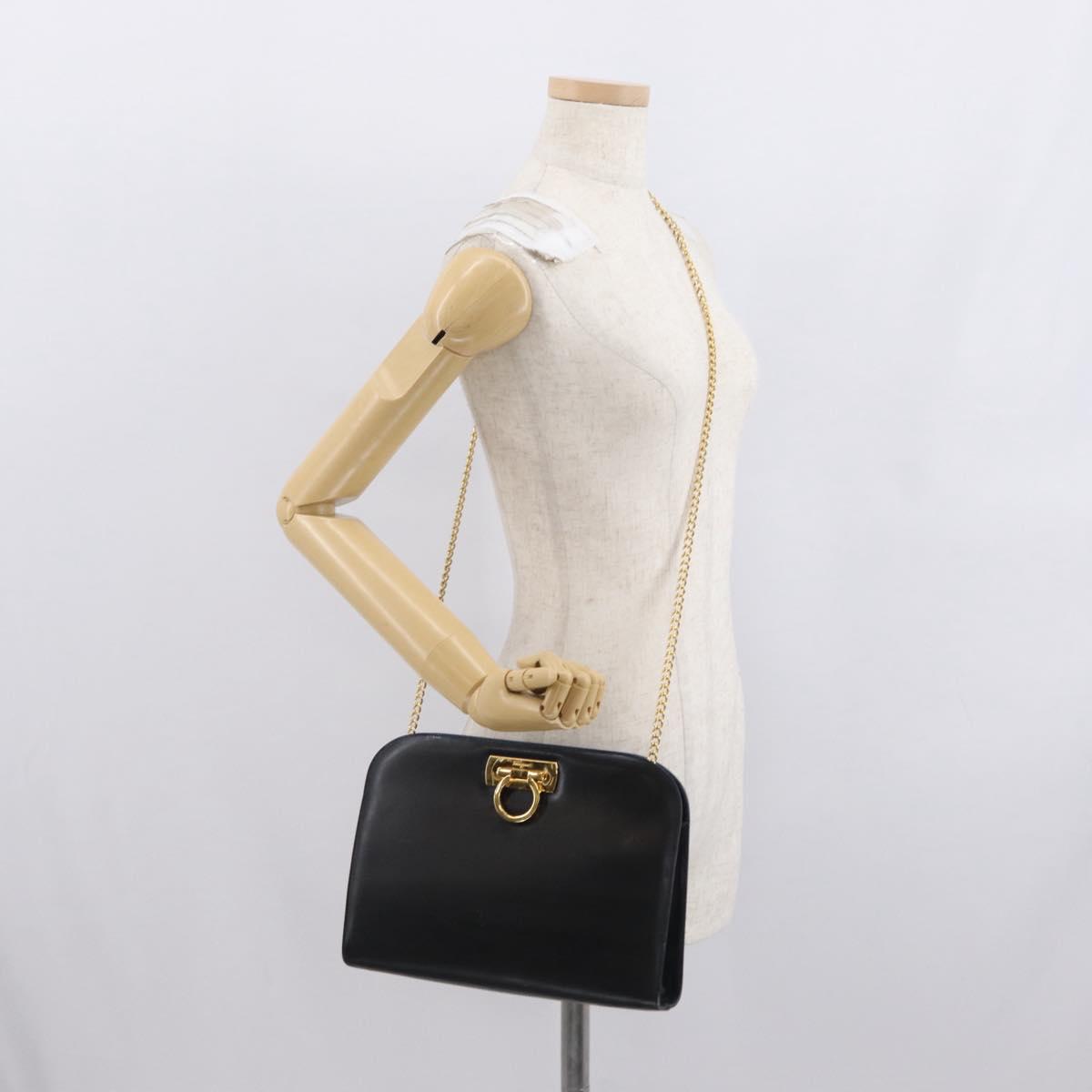 Salvatore Ferragamo Gancini Chain Shoulder Bag Leather Black Gold Auth 168428