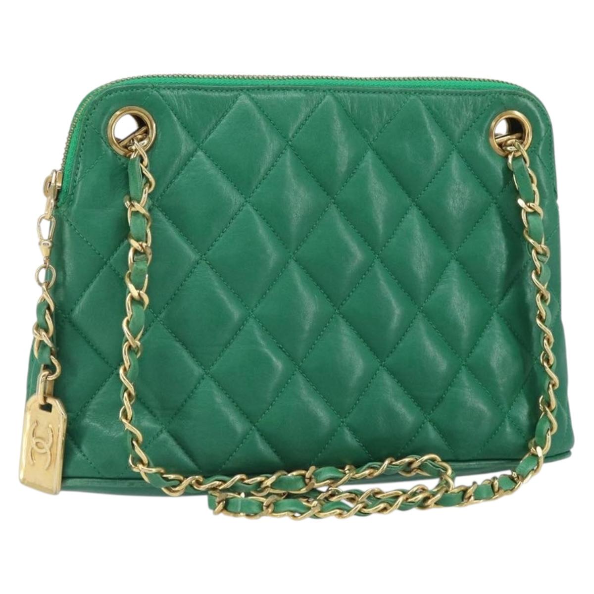 CHANEL Matelasse Chain Shoulder Bag Satin Green Gold CC Auth 168432