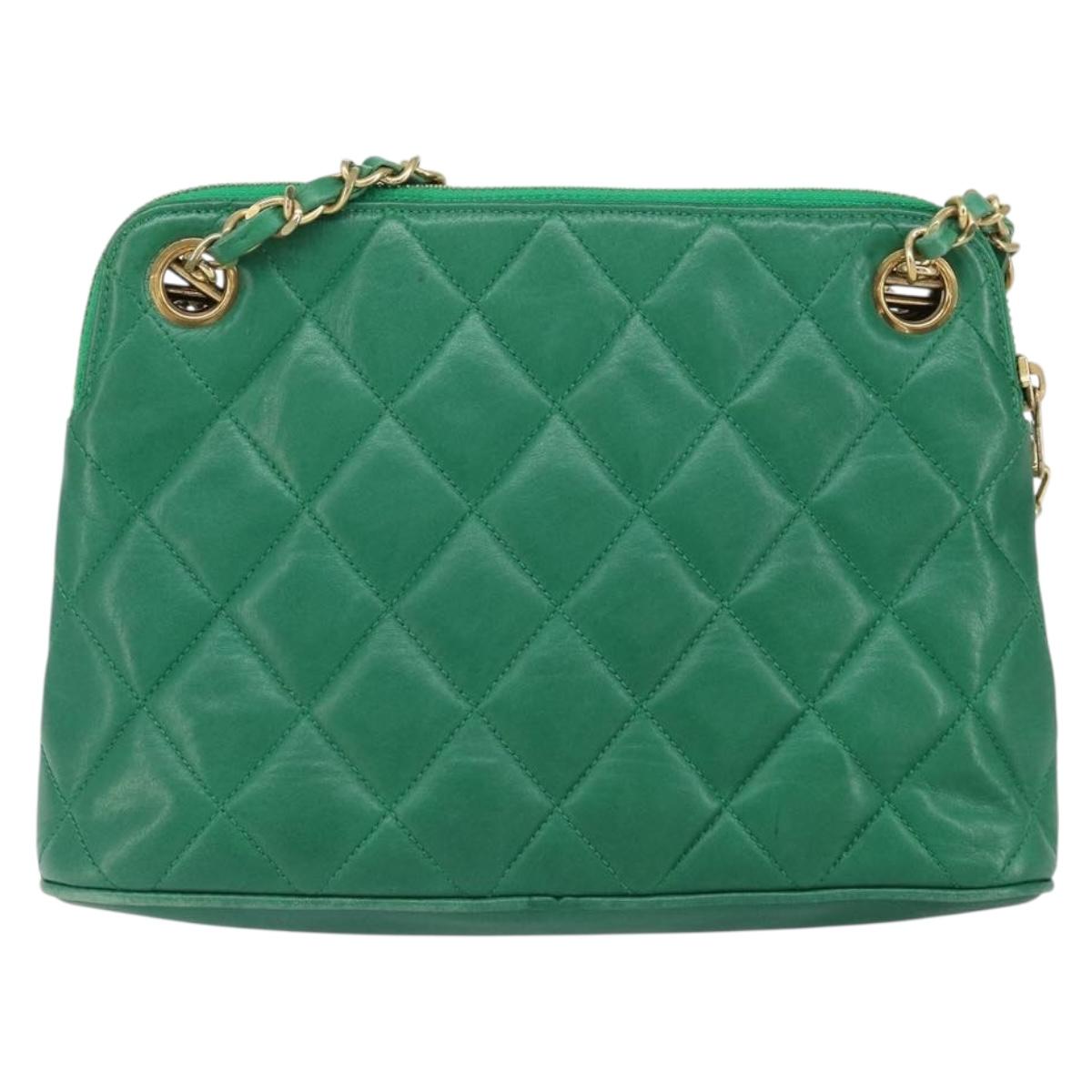 CHANEL Matelasse Chain Shoulder Bag Satin Green Gold CC Auth 168432