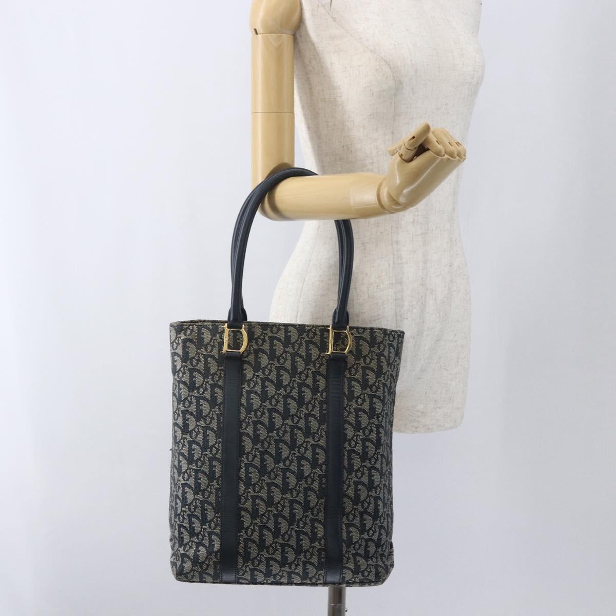 Christian Dior Trotter Canvas Tote Bag Navy Gold Auth 168487A