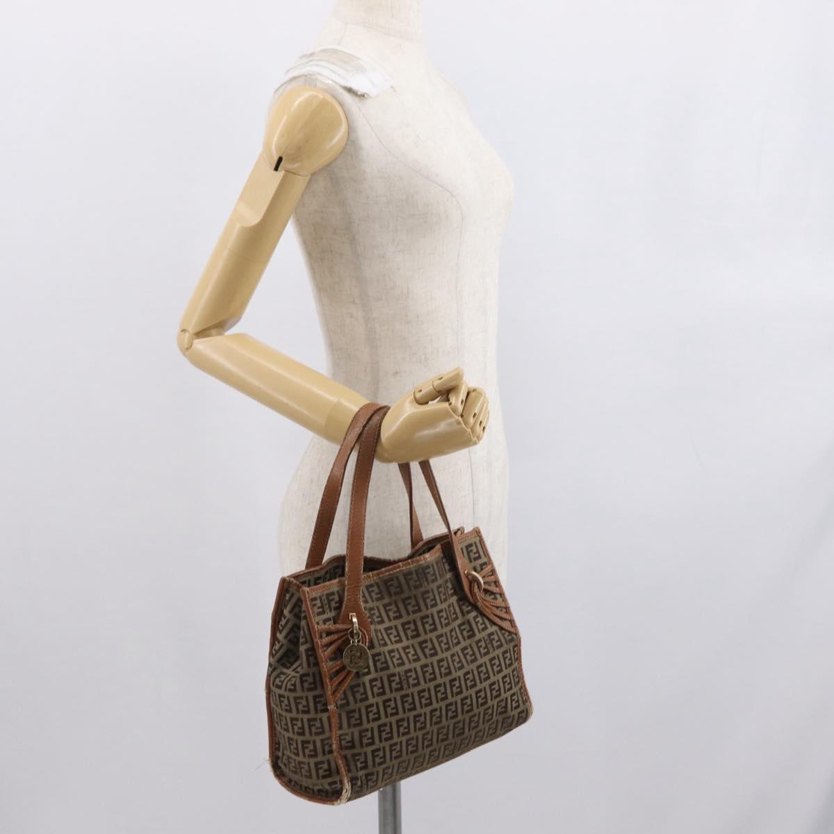 FENDI Zucchino Canvas Hand Bag Beige Gold Auth 168496