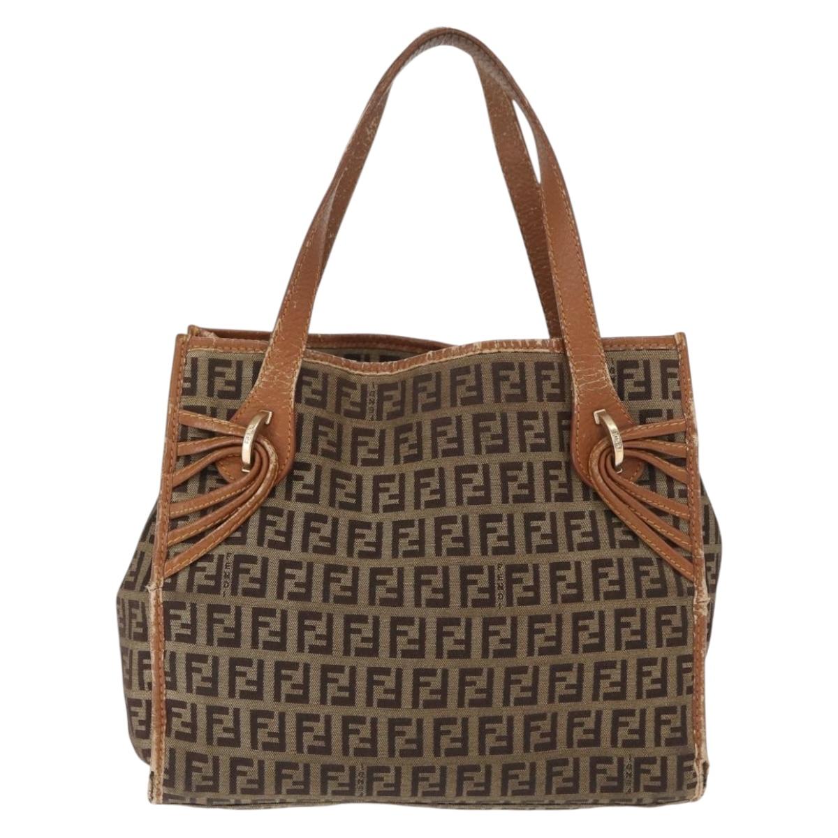 FENDI Zucchino Canvas Hand Bag Beige Gold Auth 168496