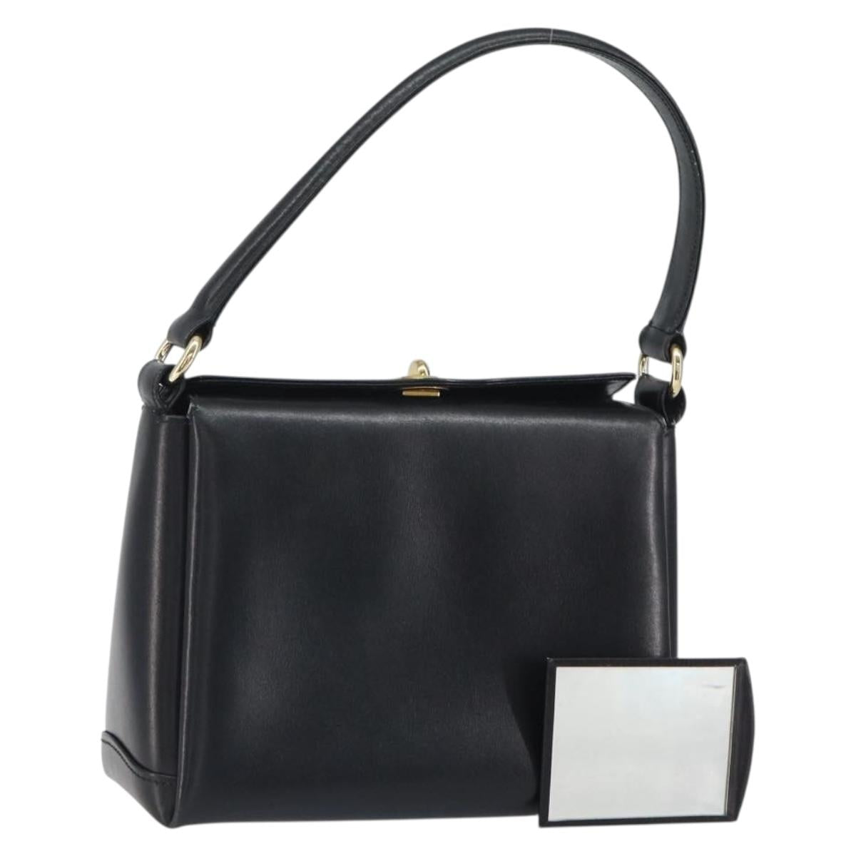 GUCCI Hand Bag Leather Black Gold Auth 168499