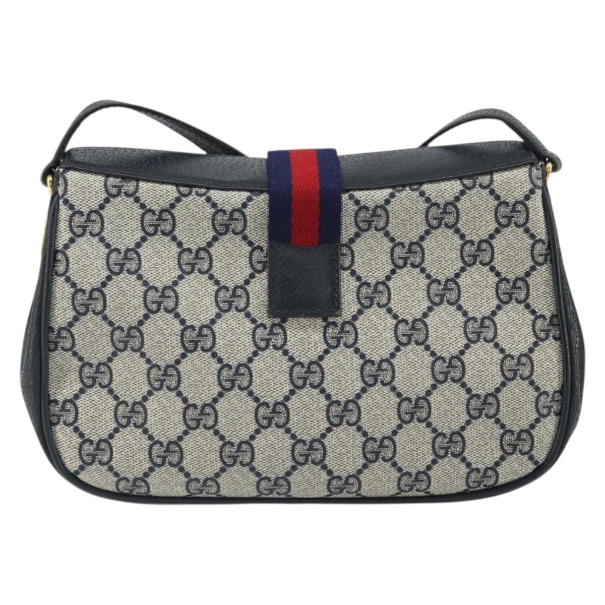 GUCCI GG Supreme Sherry Line Shoulder Bag PVC Navy Gold Auth 168523