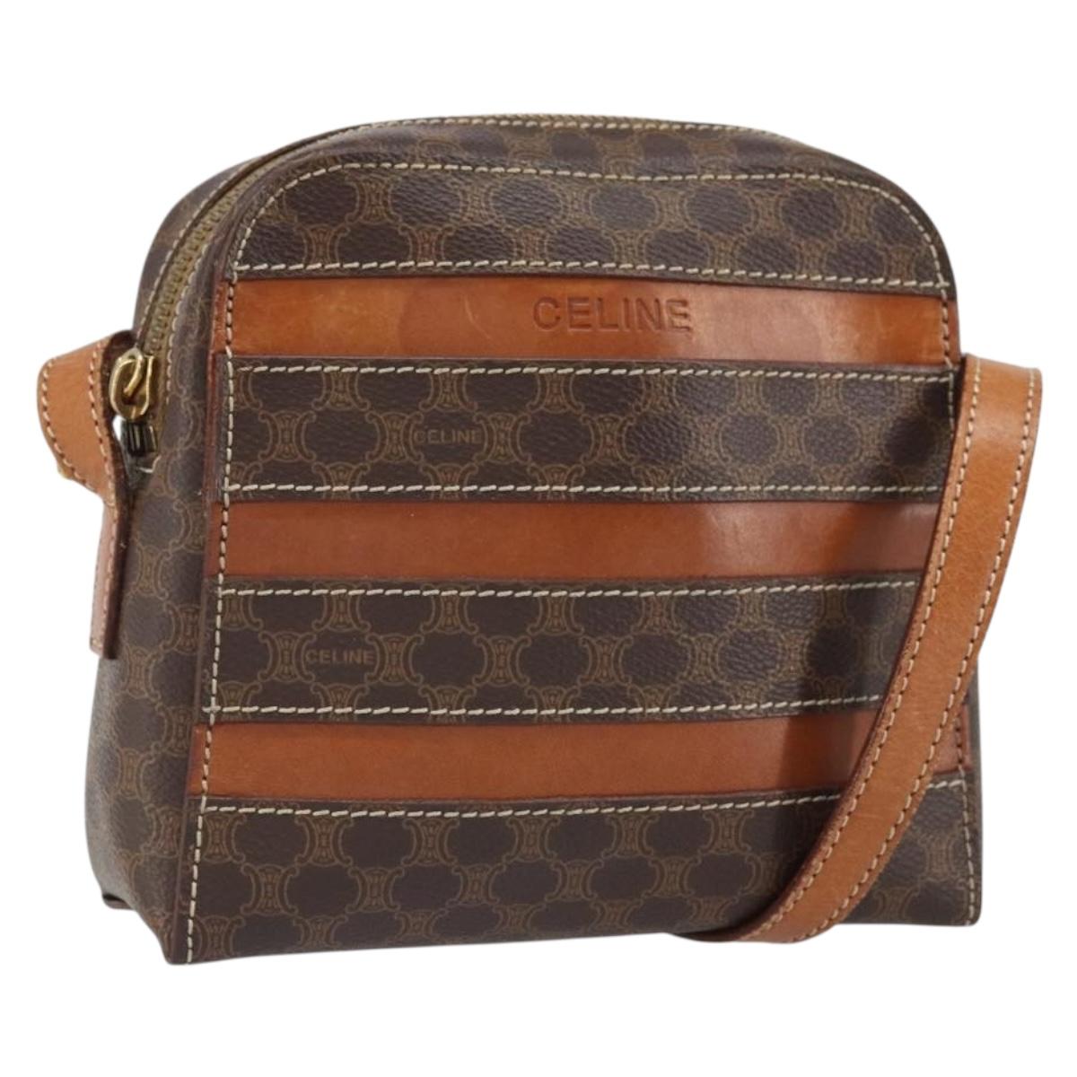 CELINE Macadam Canvas Shoulder Bag PVC Leather Brown Gold Auth 168524