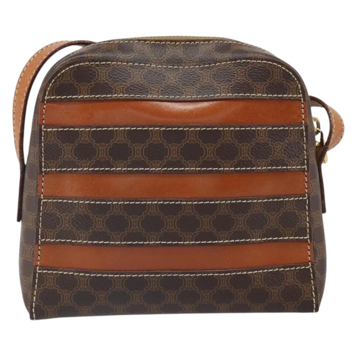 CELINE Macadam Canvas Shoulder Bag PVC Leather Brown Gold Auth 168524