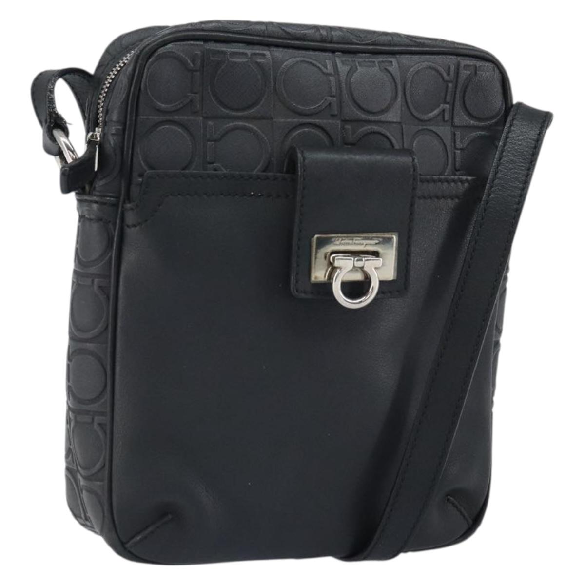 Salvatore Ferragamo Shoulder Bag Leather Black Silver Auth 168536