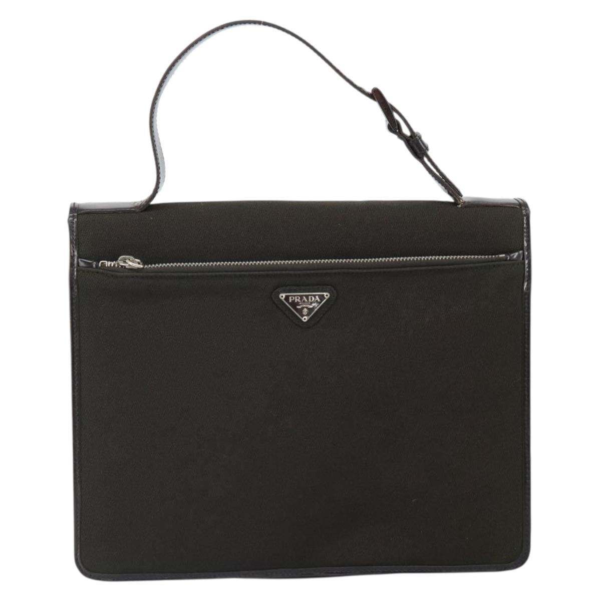 PRADA Hand Bag Cotton Khaki Silver Auth 168612
