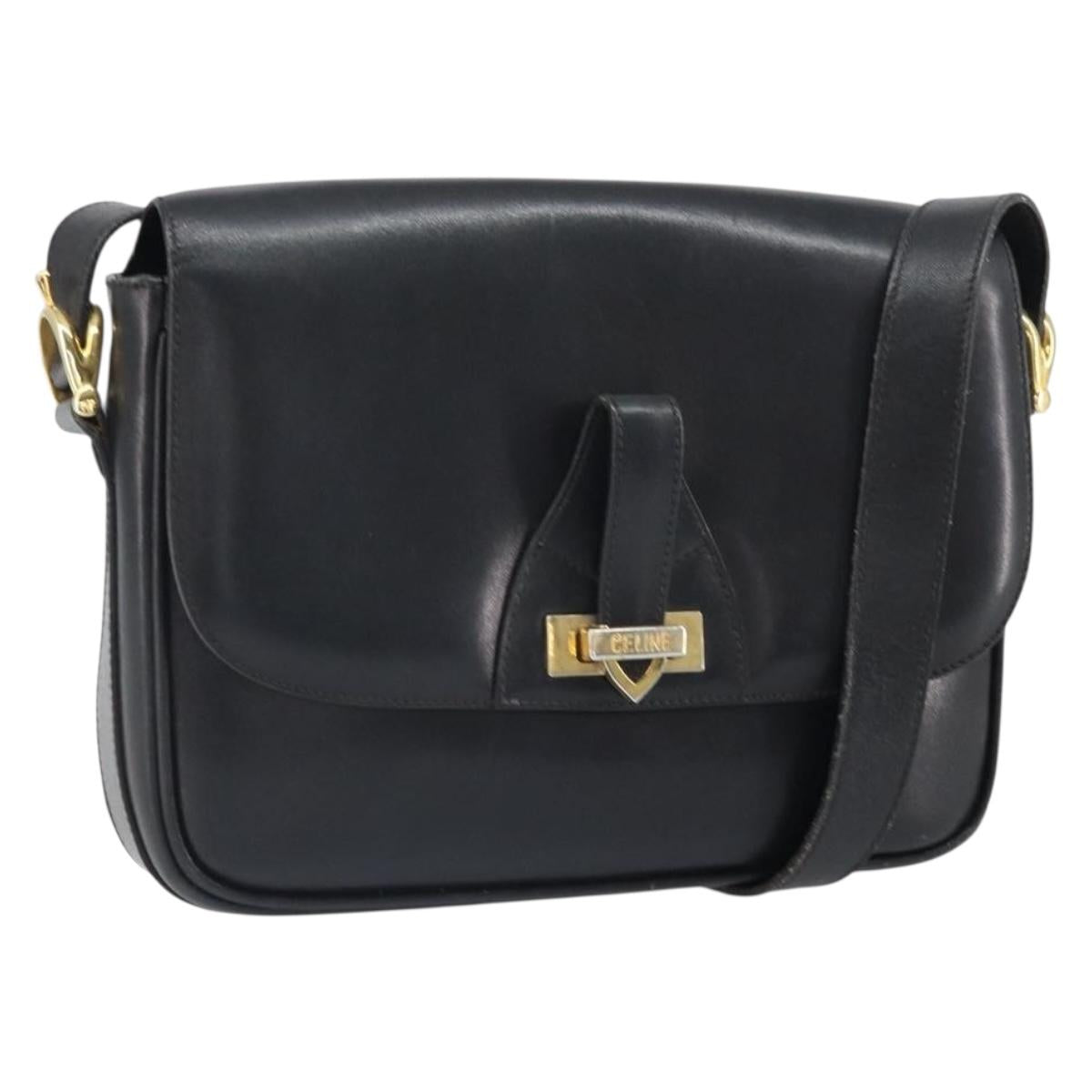 CELINE Shoulder Bag Leather Black Gold Auth 168618