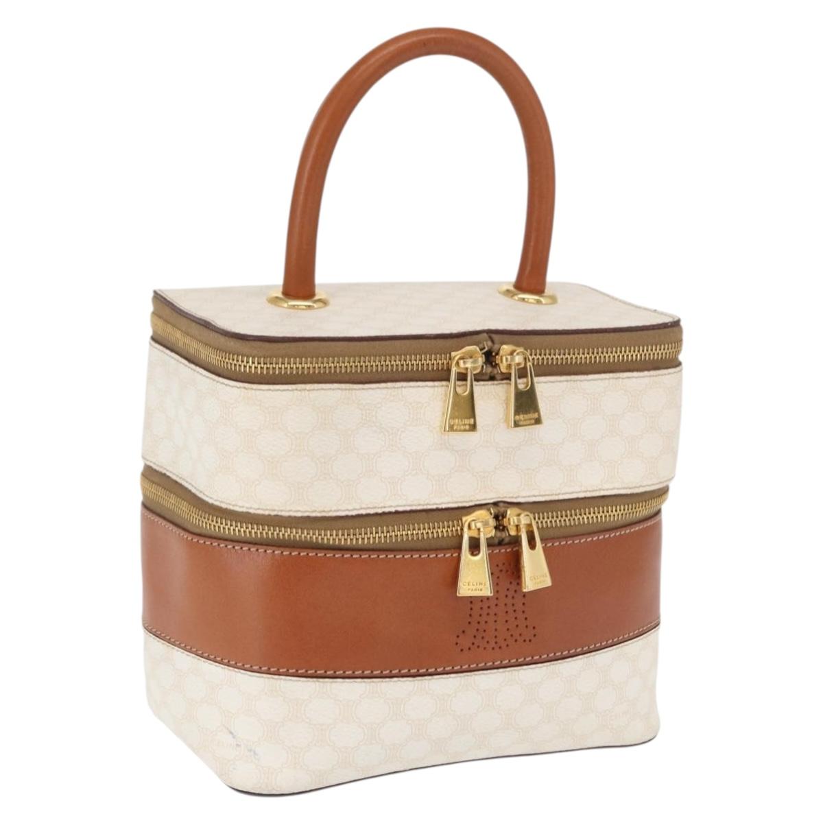 CELINE Macadam Canvas Vanity Hand Bag PVC White Gold Auth 168649