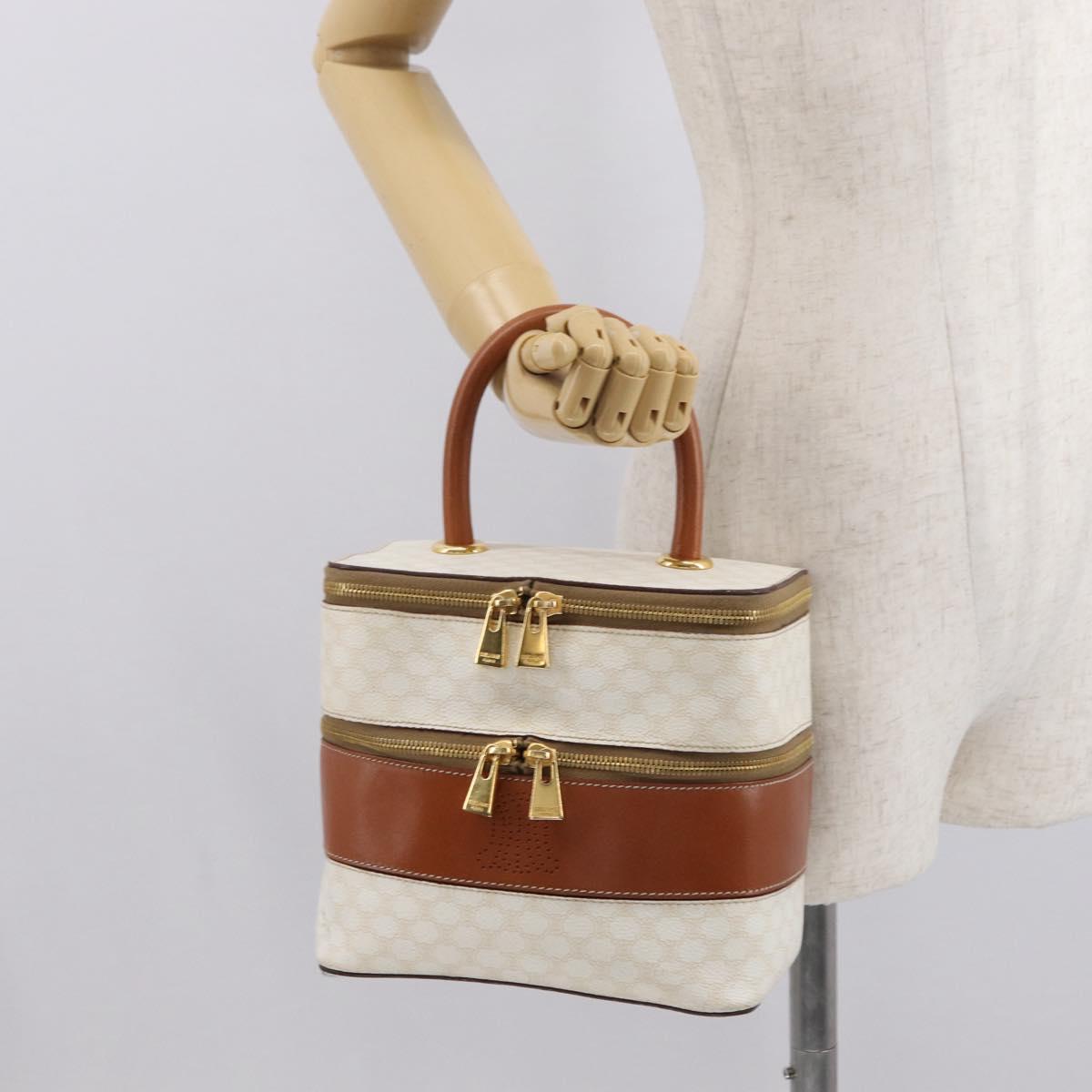 CELINE Macadam Canvas Vanity Hand Bag PVC White Gold Auth 168649