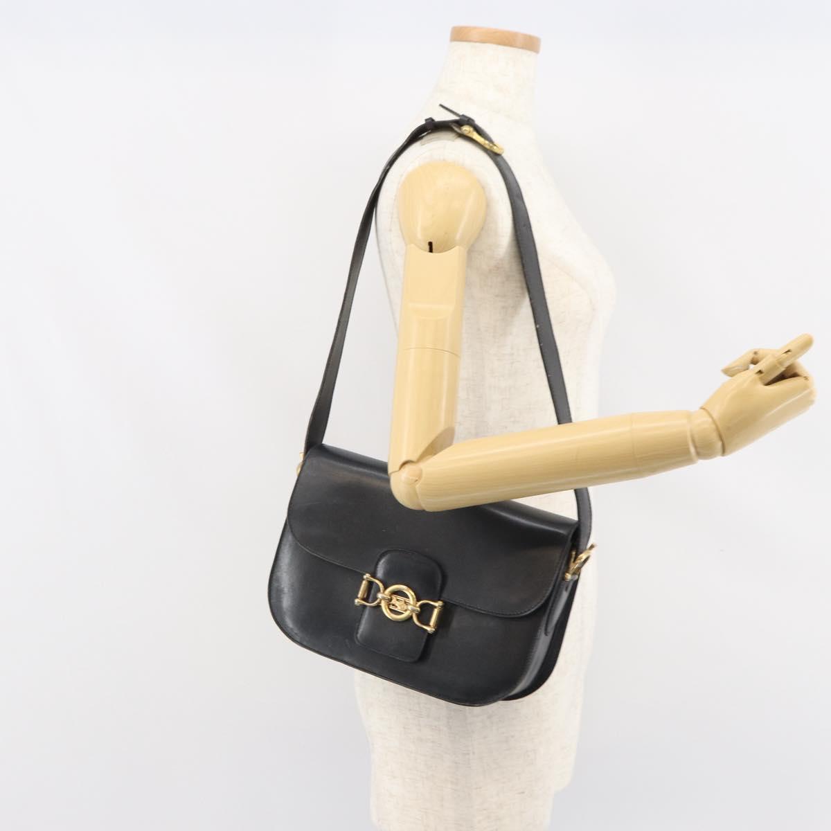 CELINE Shoulder Bag Leather Black Gold Auth 168658