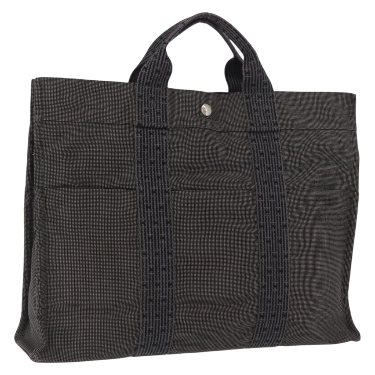 HERMES Her Line MM Hand Bag Canvas Gray Silver Auth 168679