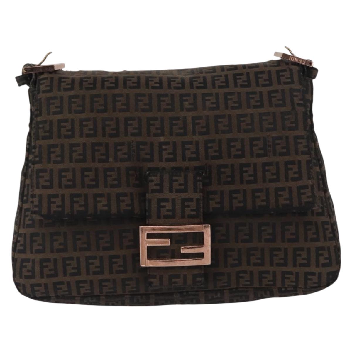 FENDI Zucchino Canvas Mamma Baguette Shoulder Bag Brown Gold Auth 168682