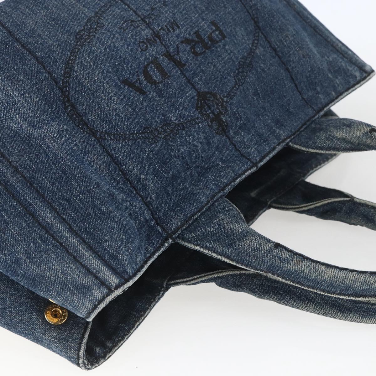 PRADA Canapa MM Hand Bag Denim Blue Gold Auth 168690