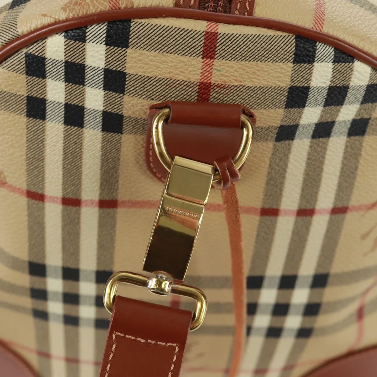 BURBERRY Nova Check Boston Bag PVC Leather 2way Beige Gold Auth 168710V