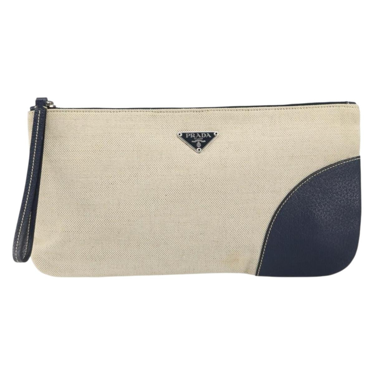 PRADA Pouch Canvas Beige Silver Auth 168720