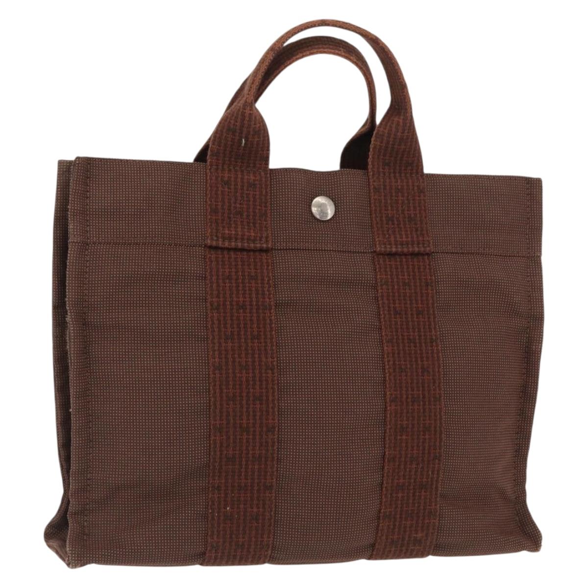 HERMES Her Line PM Tote Bag Canvas Brown Silver Auth 168733