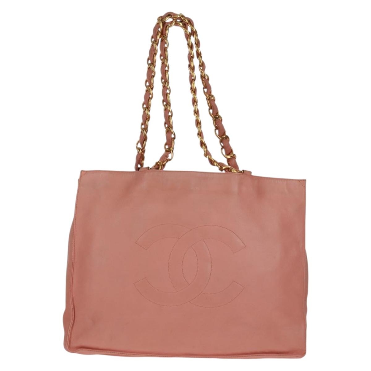 CHANEL Chain Tote Bag Lamb Skin Pink Gold CC Auth 168760