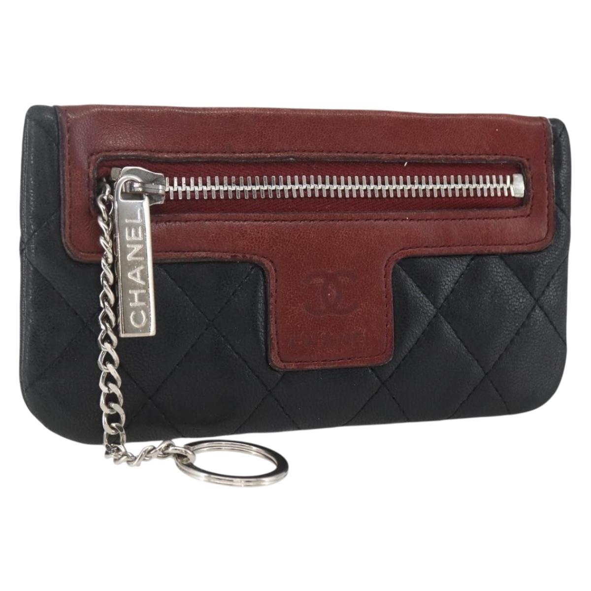 CHANEL Matelasse Coin Purse Lamb Skin Black Silver CC Auth 168761