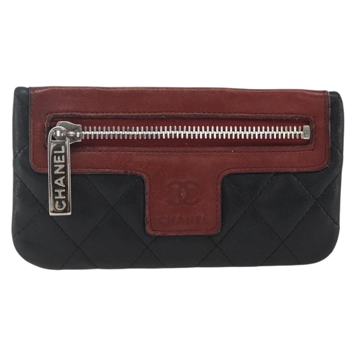 CHANEL Matelasse Coin Purse Lamb Skin Black Silver CC Auth 168761