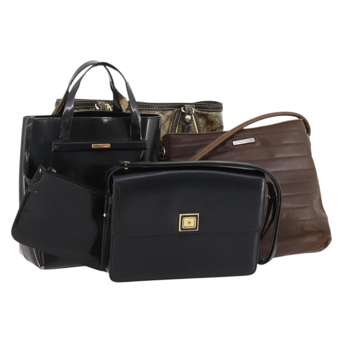 GUCCI GG Crystal Hand Bag Leather 4 Set Beige Black Auth 168824