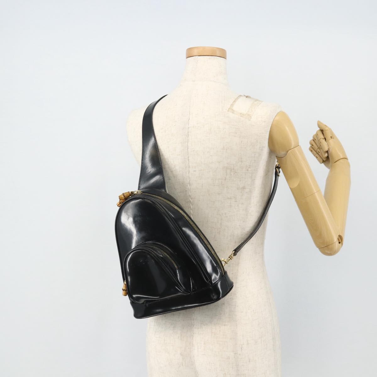 GUCCI Bamboo Shoulder Bag Patent Leather Black Gold 003 2113 0127 Auth 168840