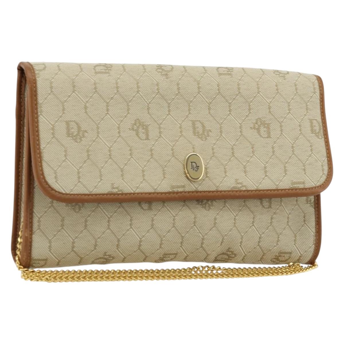 Christian Dior Honeycomb Canvas Shoulder Bag Beige Gold Auth 168850