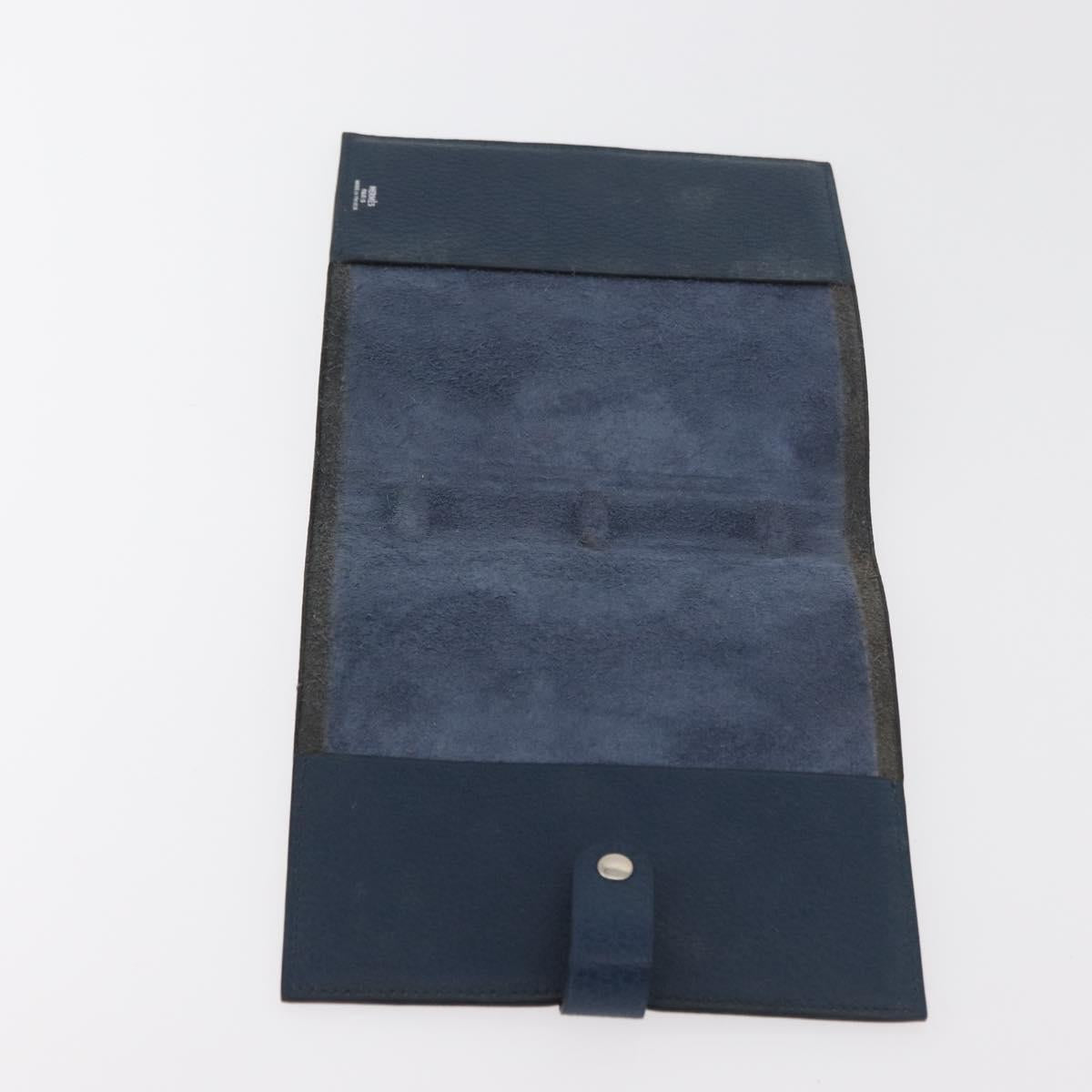 HERMES CD Case Leather Navy Silver Auth 168886