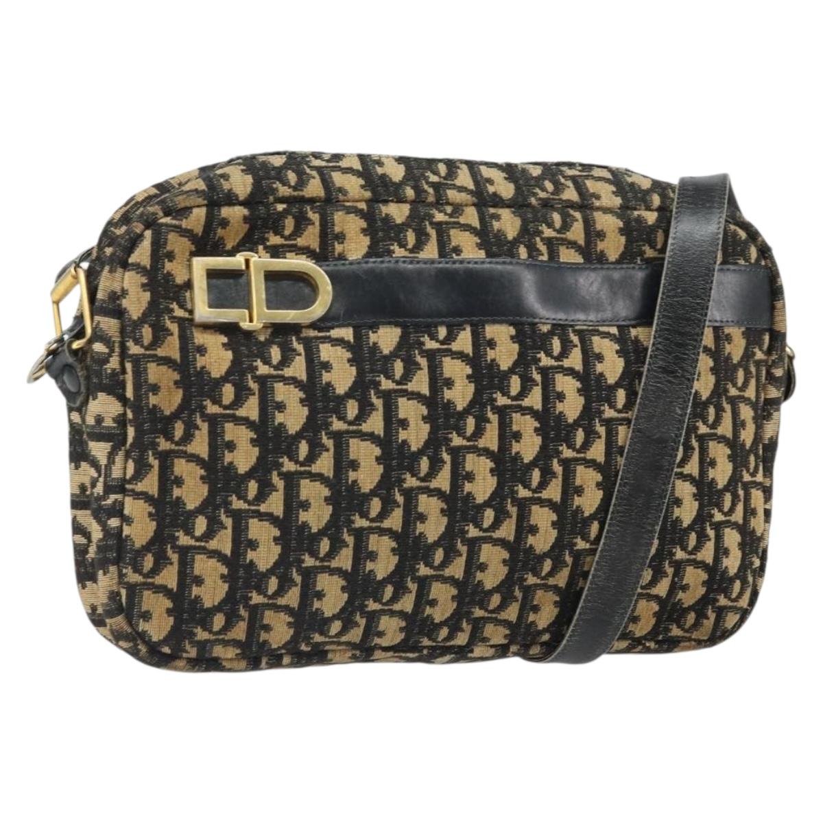 Christian Dior Trotter Canvas Shoulder Bag Navy Gold Auth 168925