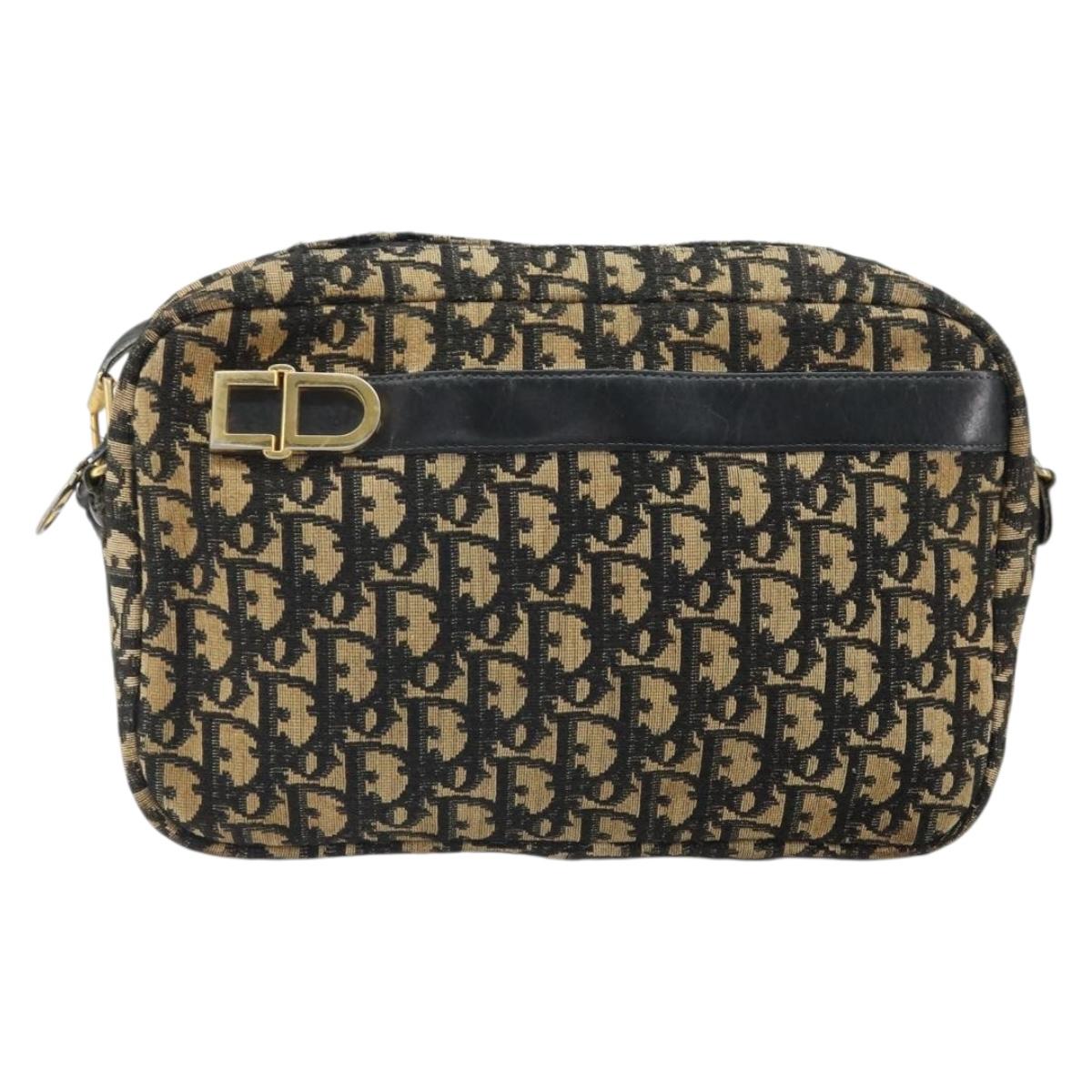 Christian Dior Trotter Canvas Shoulder Bag Navy Gold Auth 168925