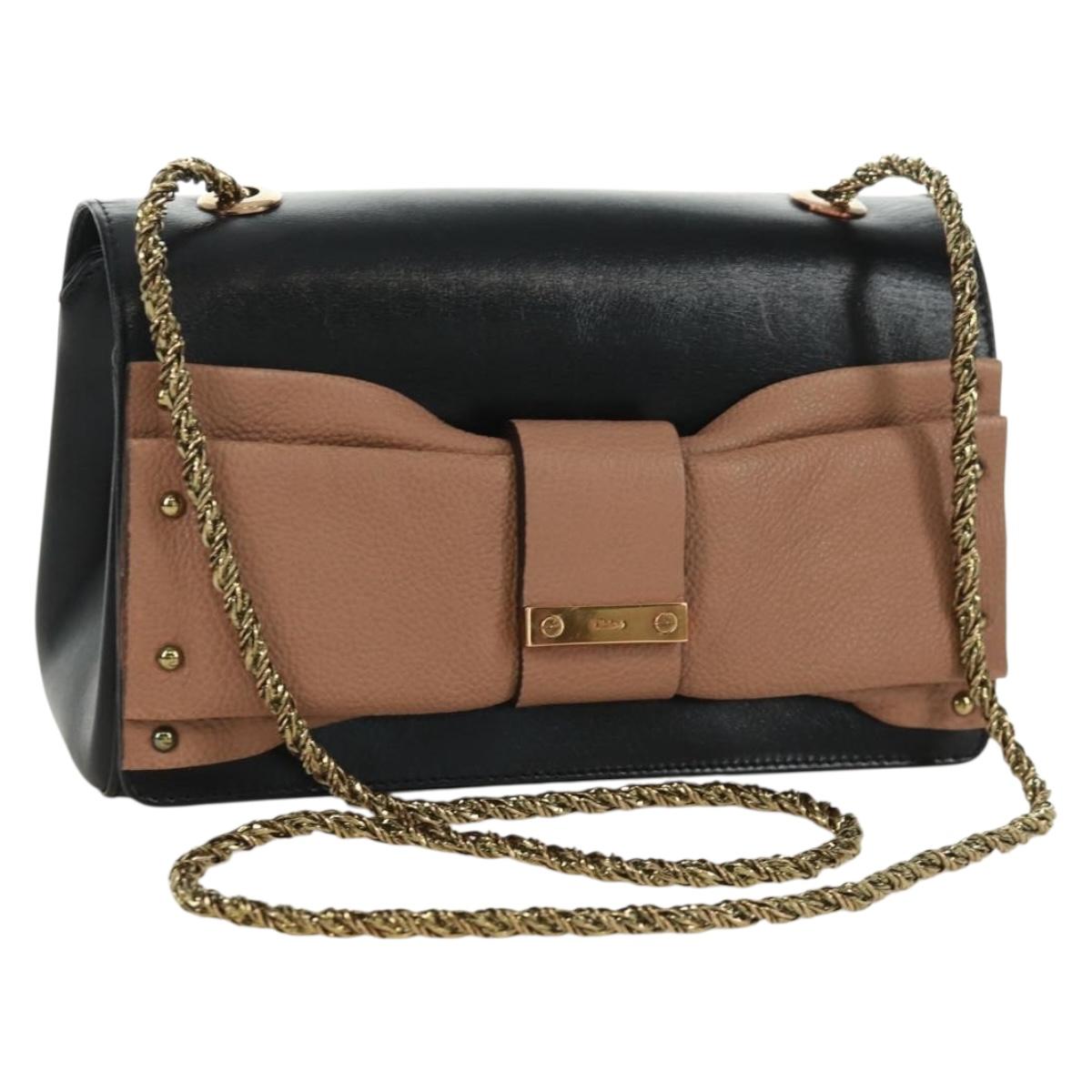 Chloe Chain June Shoulder Bag Leather Black Gold Auth 168935V
