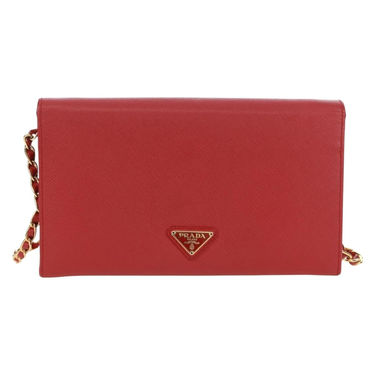 PRADA Chain Shoulder wallet Shoulder Bag Safiano leather Red Gold Auth 168938V