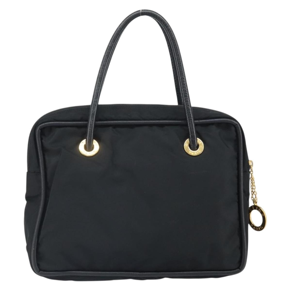CELINE Circle Hand Bag Nylon Black Gold Auth 168970