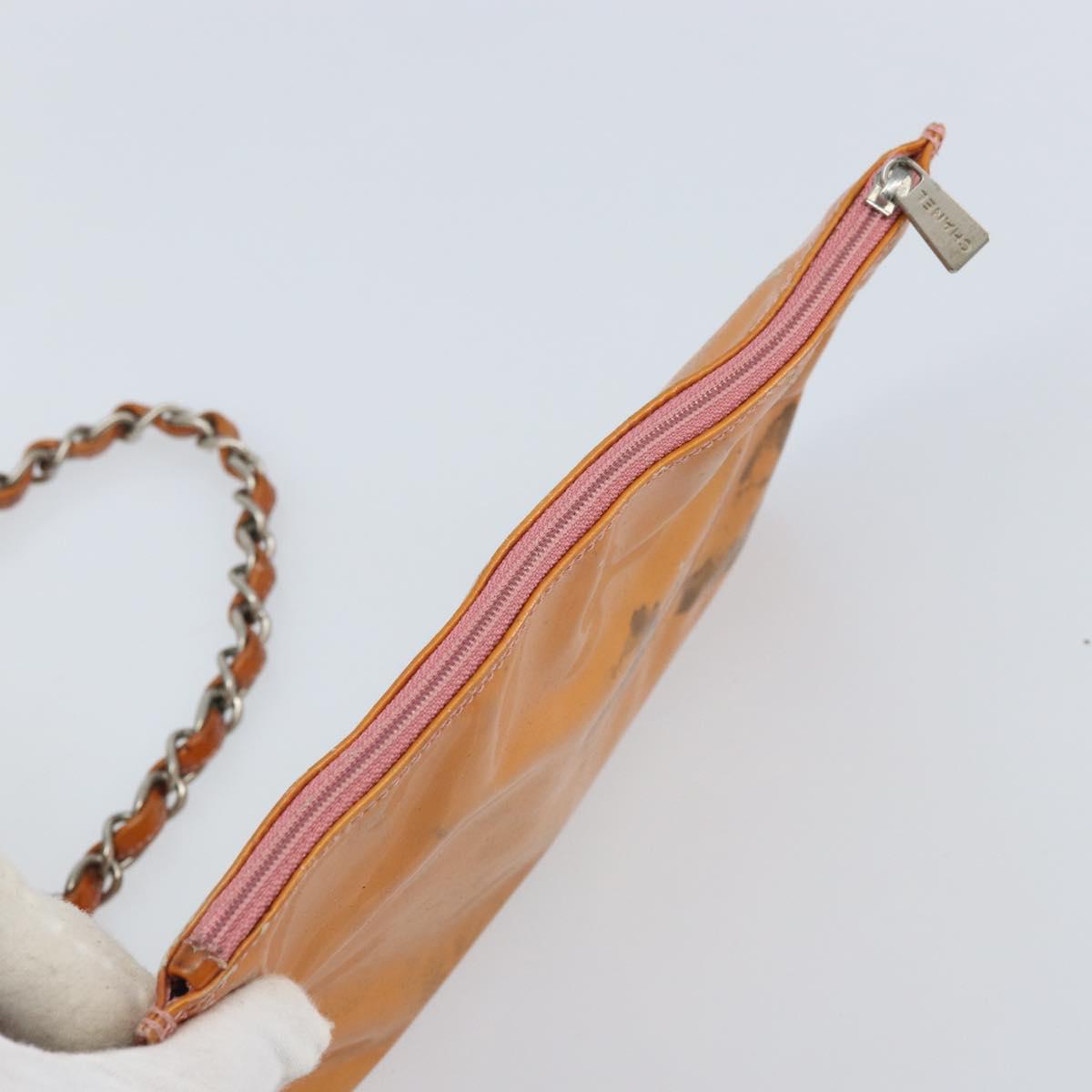 CHANEL Chain Tote Bag Patent leather Orange Silver CC Auth 169018