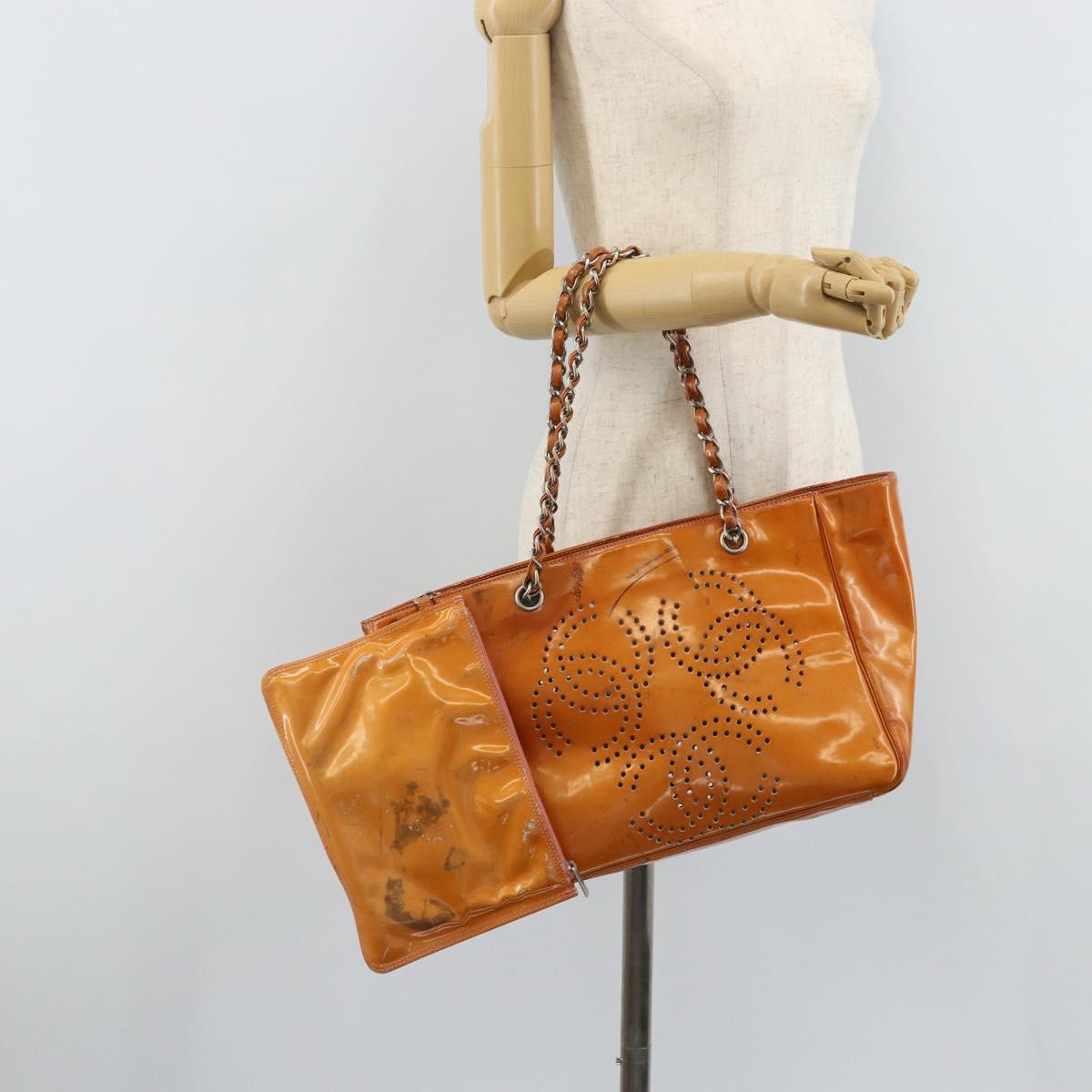 CHANEL Chain Tote Bag Patent leather Orange Silver CC Auth 169018
