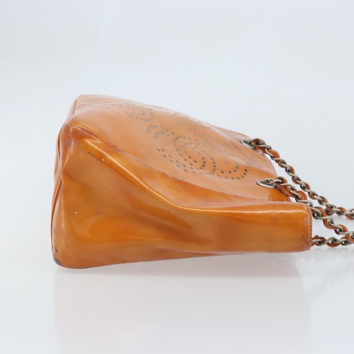CHANEL Chain Tote Bag Patent leather Orange Silver CC Auth 169018