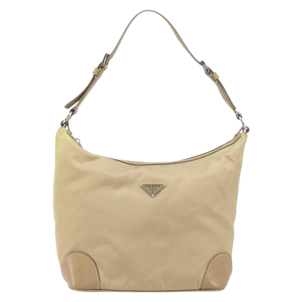 PRADA Shoulder Bag Nylon Beige Silver Auth 169023