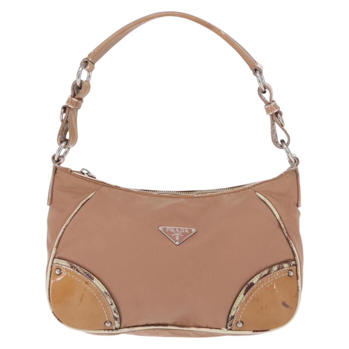 PRADA Shoulder Bag Nylon Beige Silver Auth 169041