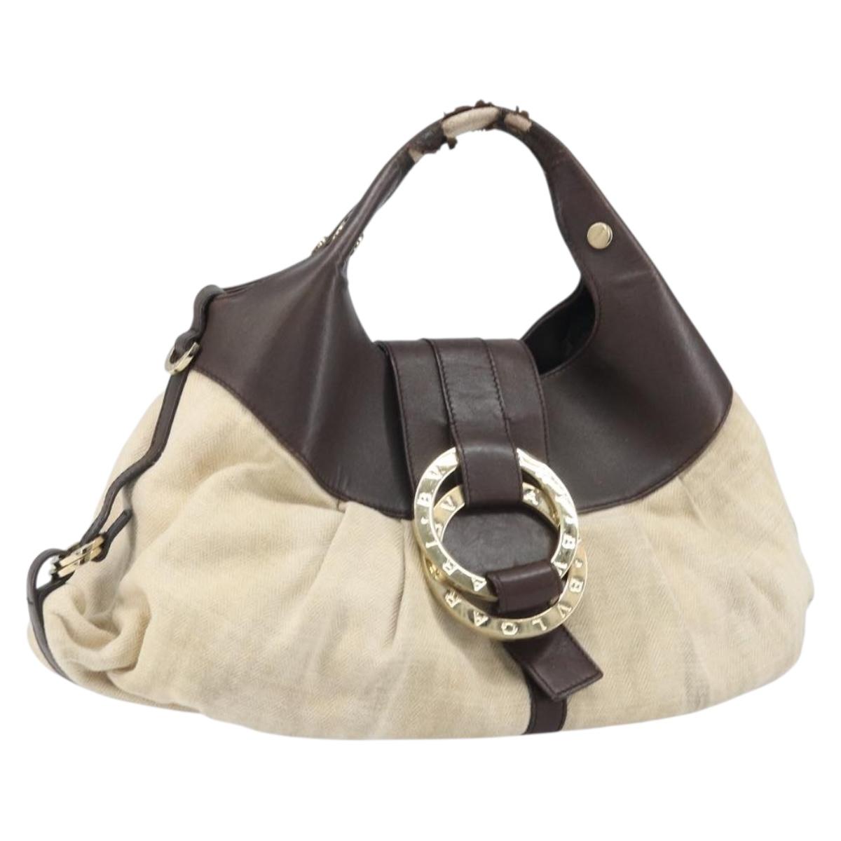 BVLGARI Hand Bag Canvas Beige Gold Auth 169090