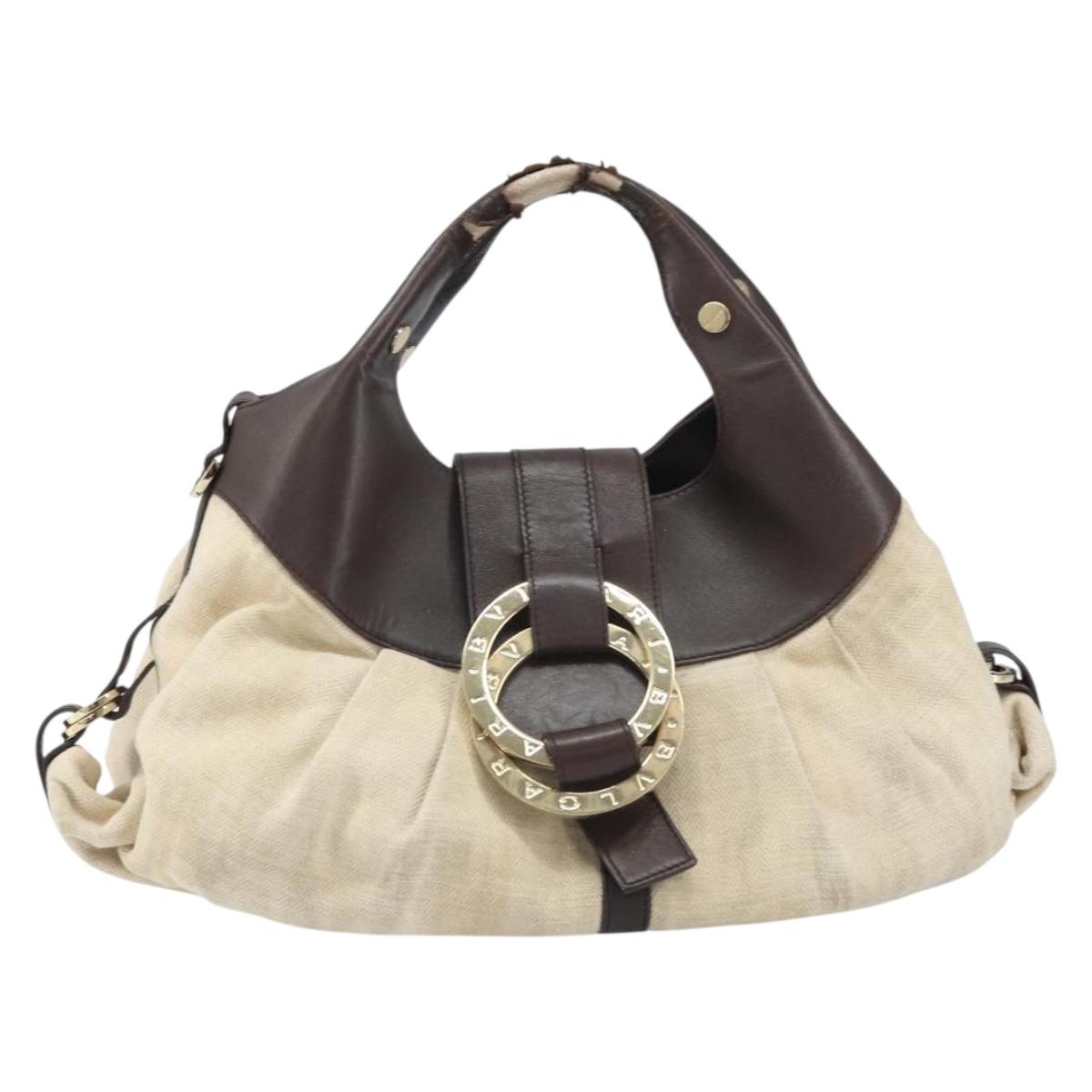 BVLGARI Hand Bag Canvas Beige Gold Auth 169090