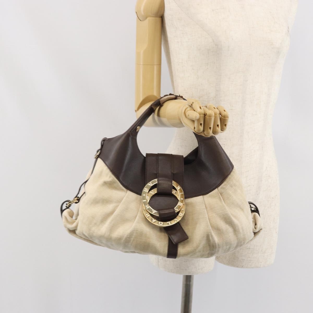 BVLGARI Hand Bag Canvas Beige Gold Auth 169090