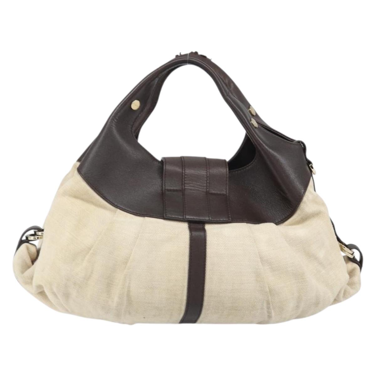 BVLGARI Hand Bag Canvas Beige Gold Auth 169090